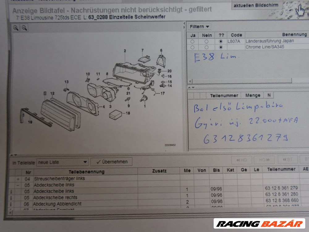 [GYÁRI ÚJ] BMW - Bal első lámpabúra - 7-es /  E38 Limousine  4. kép